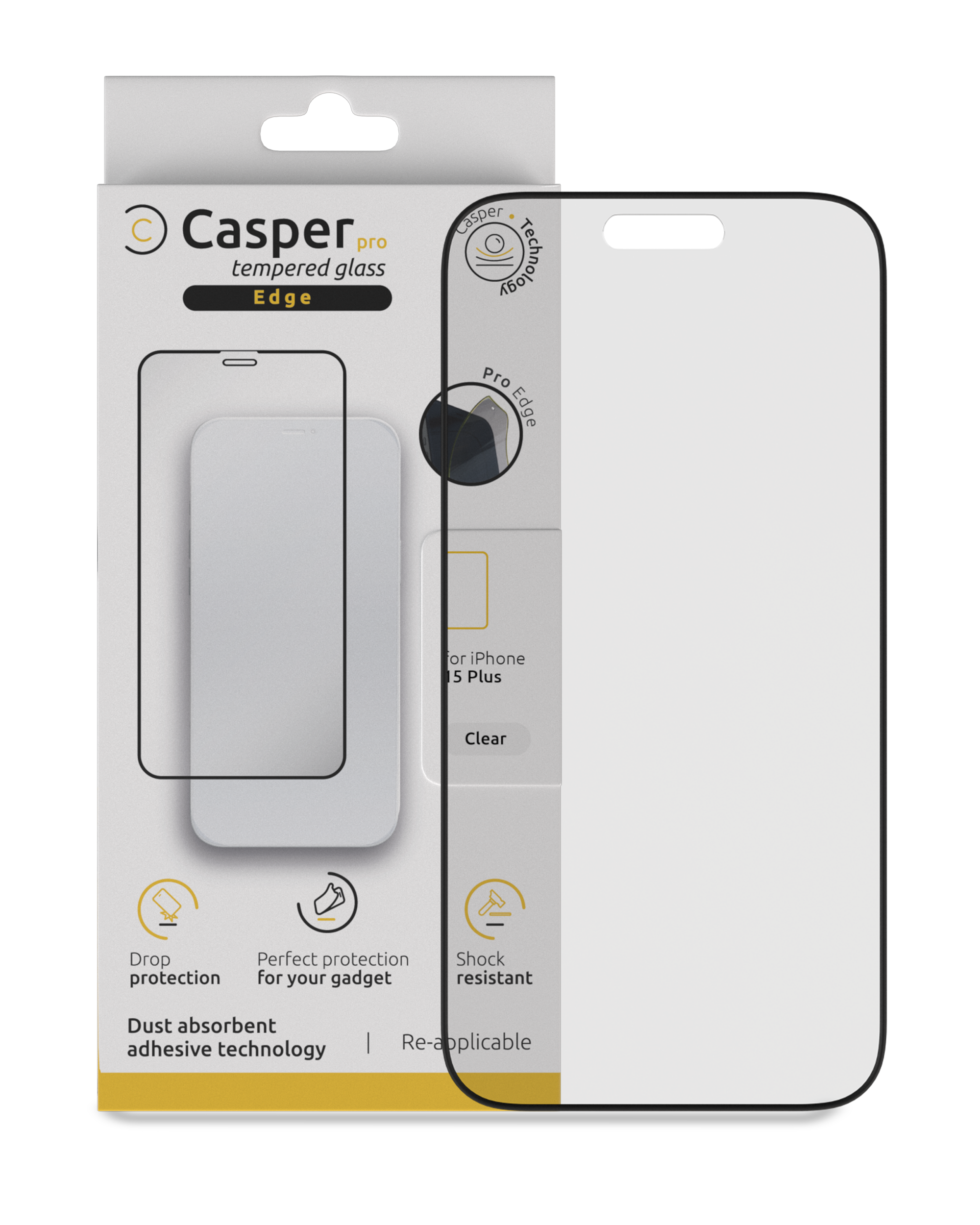 Casper Pro Edge Tempered Glass For iPhone 15 Plus / 16 Plus (Retail Pack) (Clear)