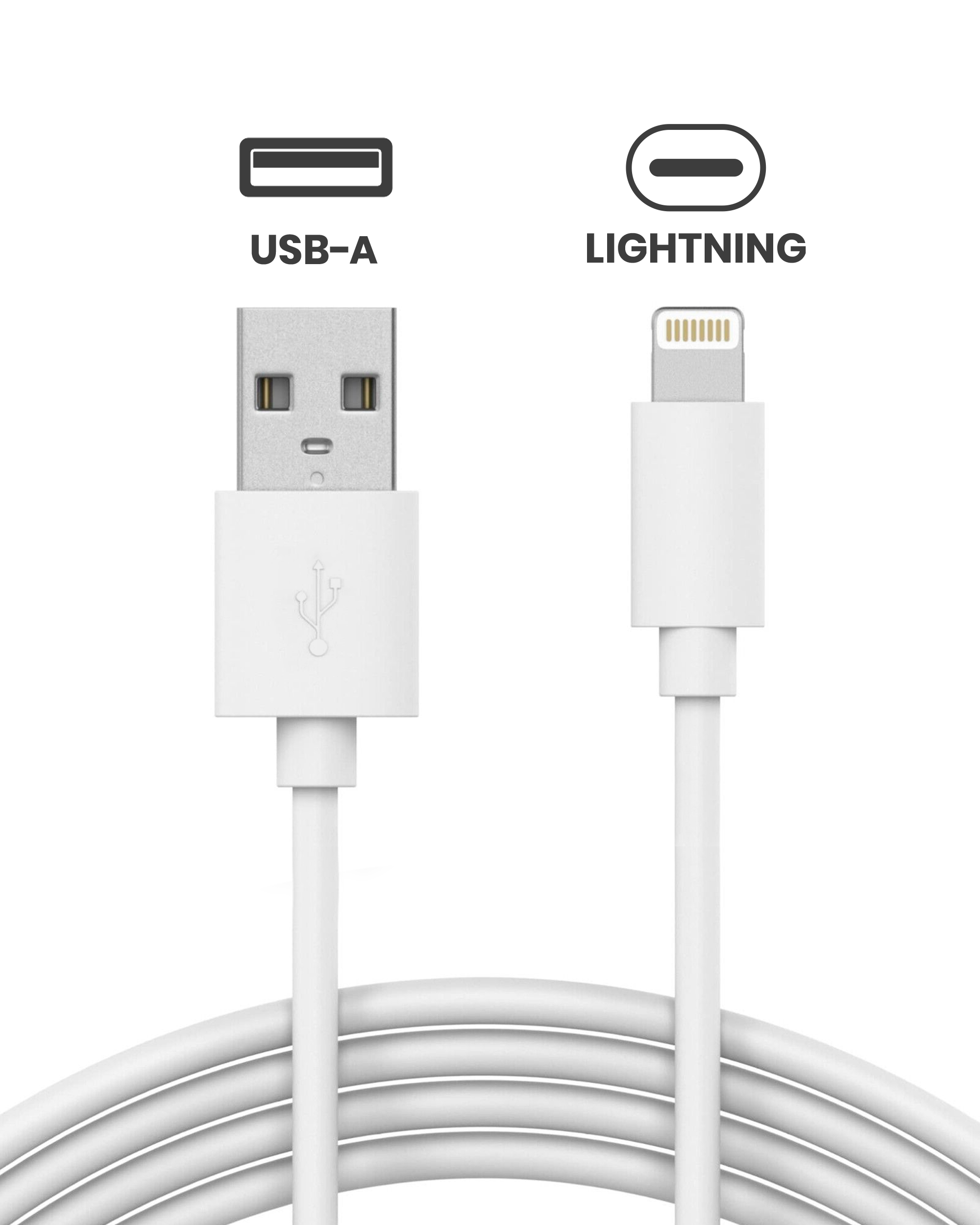 USB-A to Lightning Cable For iPhone / iPad (1 m / 3 ft) (OEM Grade A/B) (Bulk Packaging)