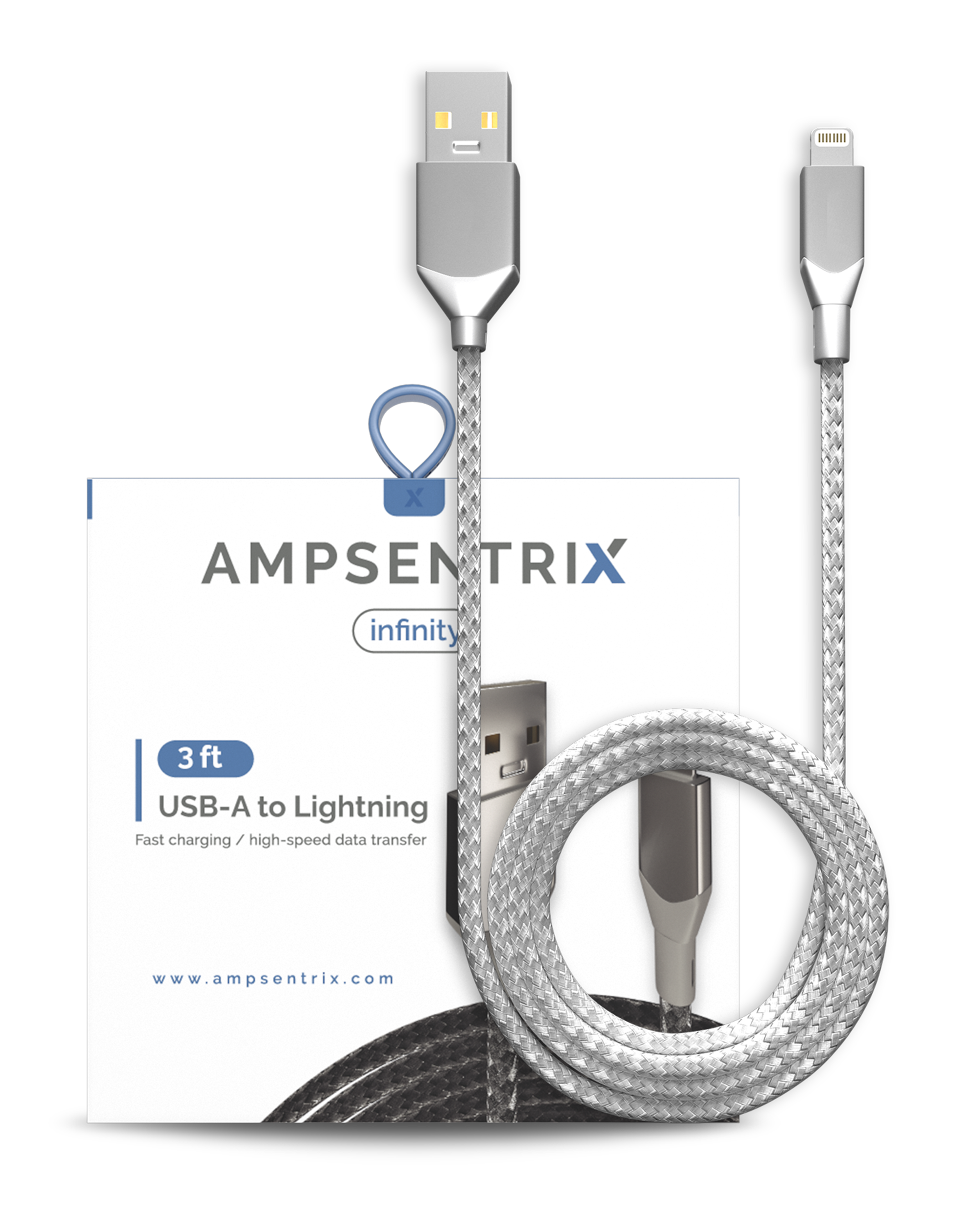 USB Type A To Lightning Cable (Non-MFI) (1 m / 3 ft) (AmpSentrix Infinity) (Silver)