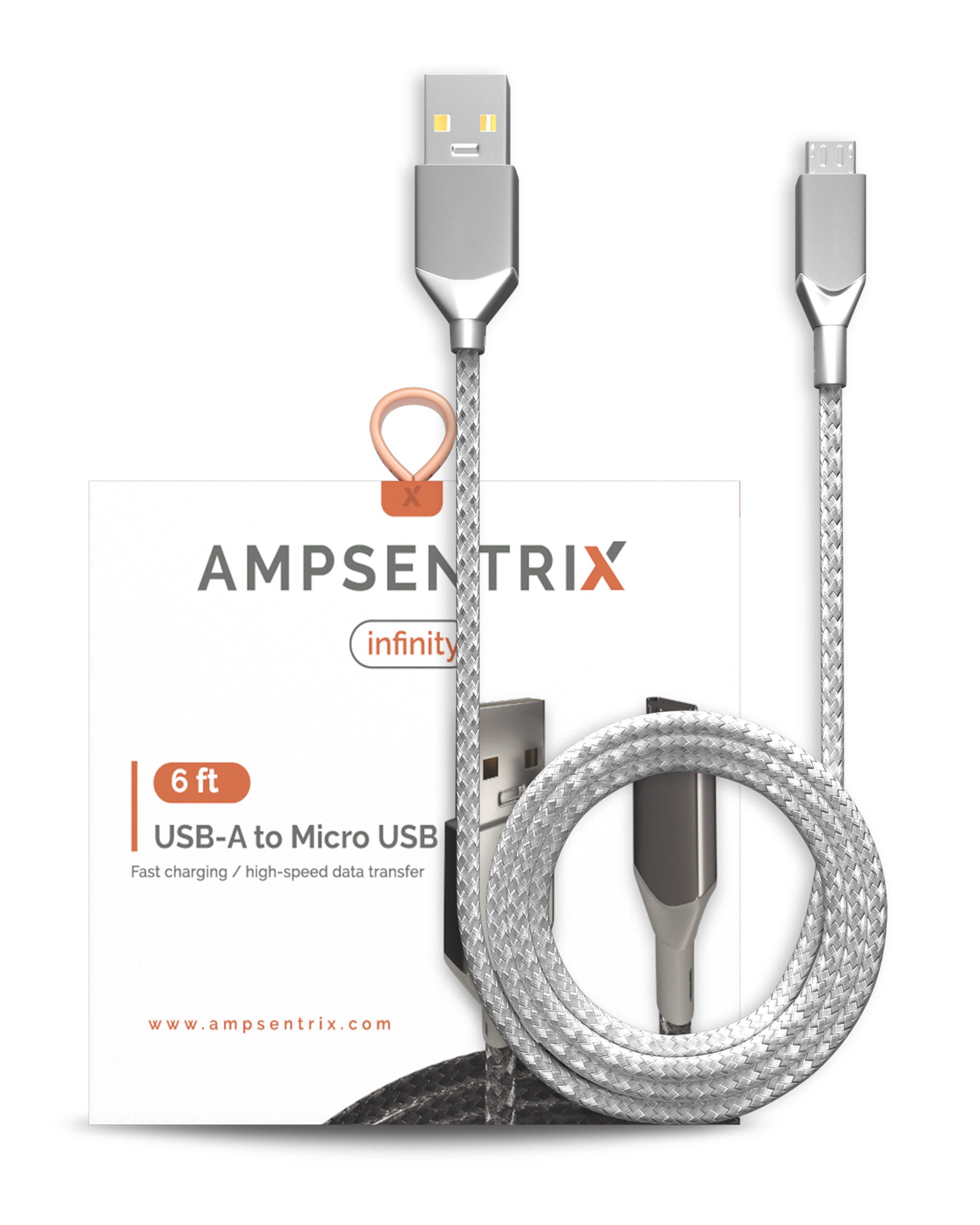 Micro USB To USB Type A Cable (1.8 m / 6 ft) (AmpSentrix Infinity) (Silver)