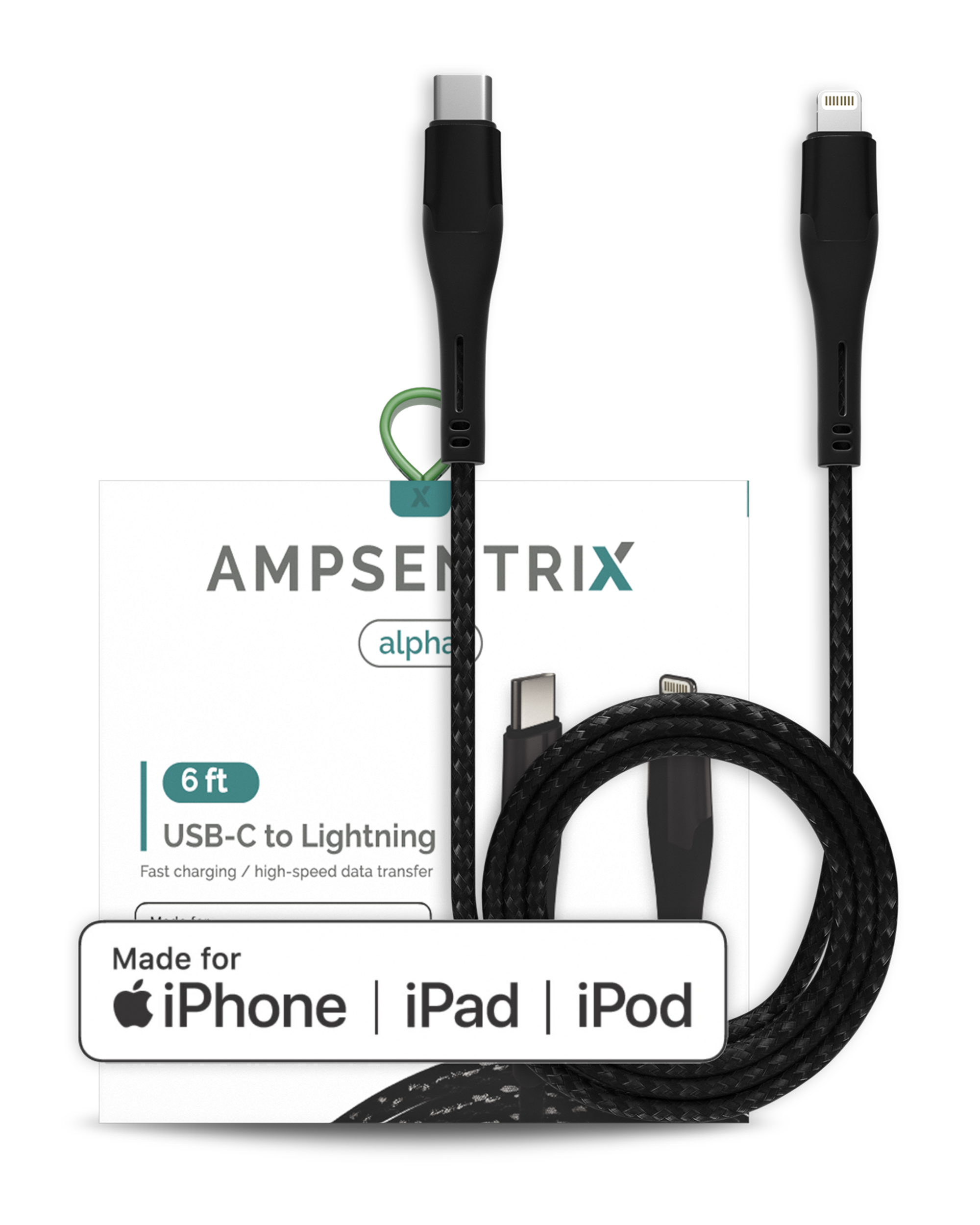 Lightning To USB Type C Cable (MFI) (1.8 m / 6 ft) (AmpSentrix Alpha) (Black)