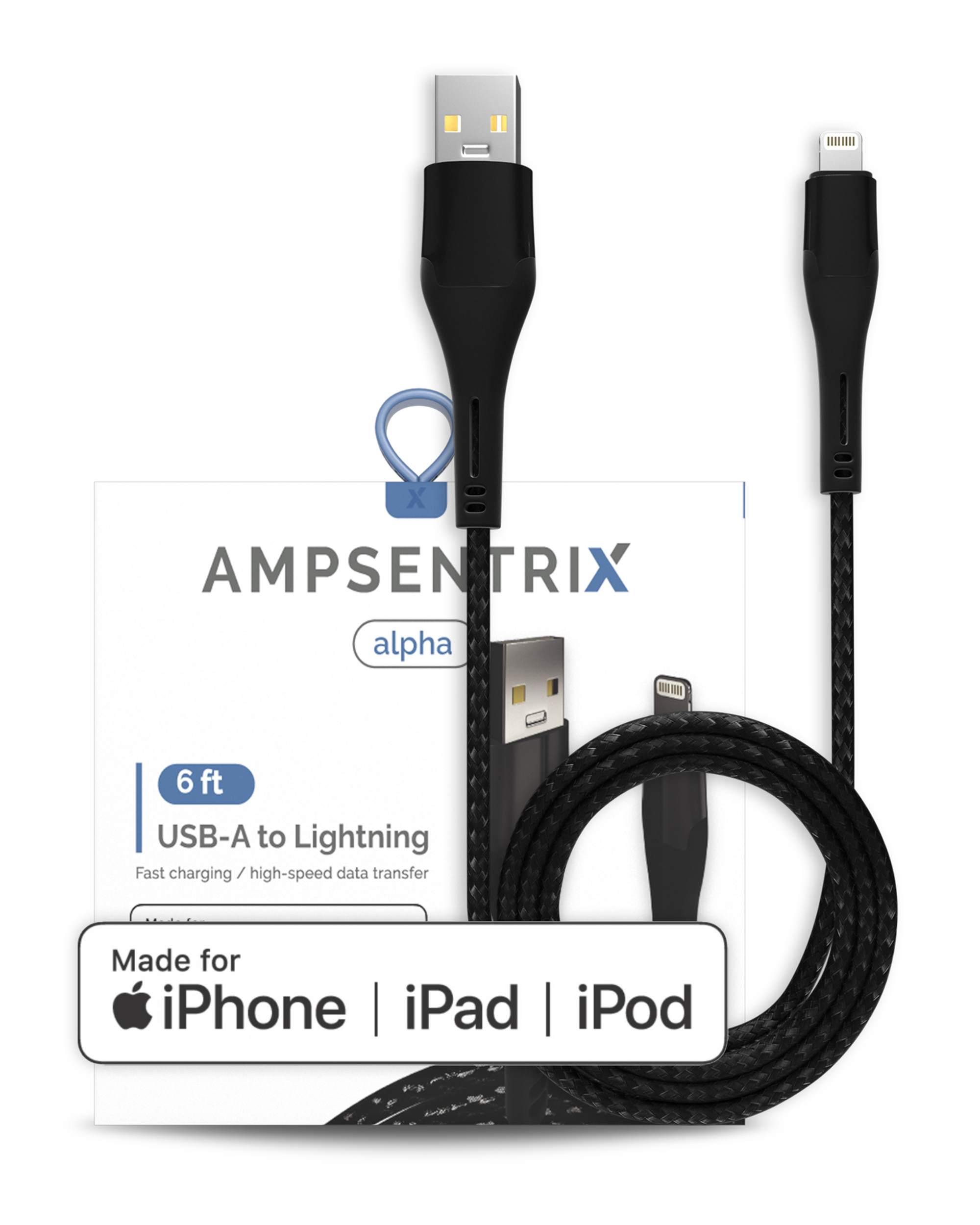 Lightning To USB Type A Cable (MFI) (1.8 m / 6 ft) (AmpSentrix Alpha) (Black)