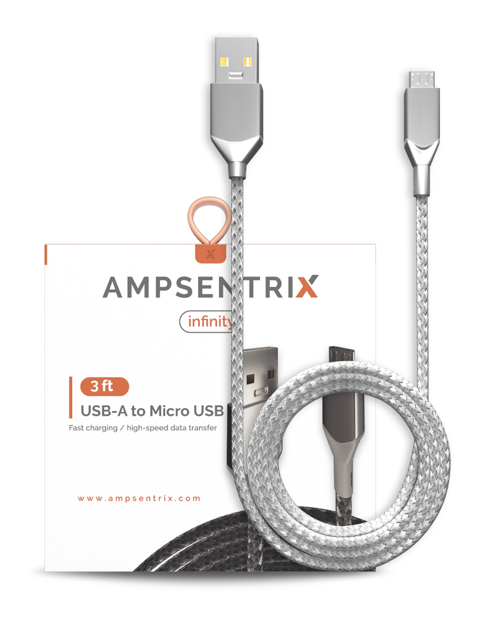 Micro USB To USB Type A Cable (1 m / 3 ft) (AmpSentrix Infinity) (Silver)