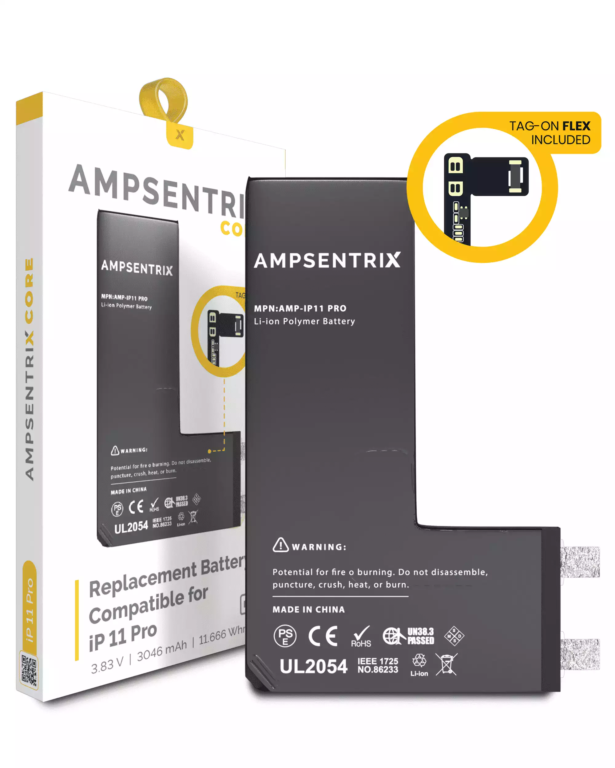 Replacement Battery Core with Universal Tag-On Flex For iPhone 11 Pro (Spot Welding Required) (AmpSentrix Core)