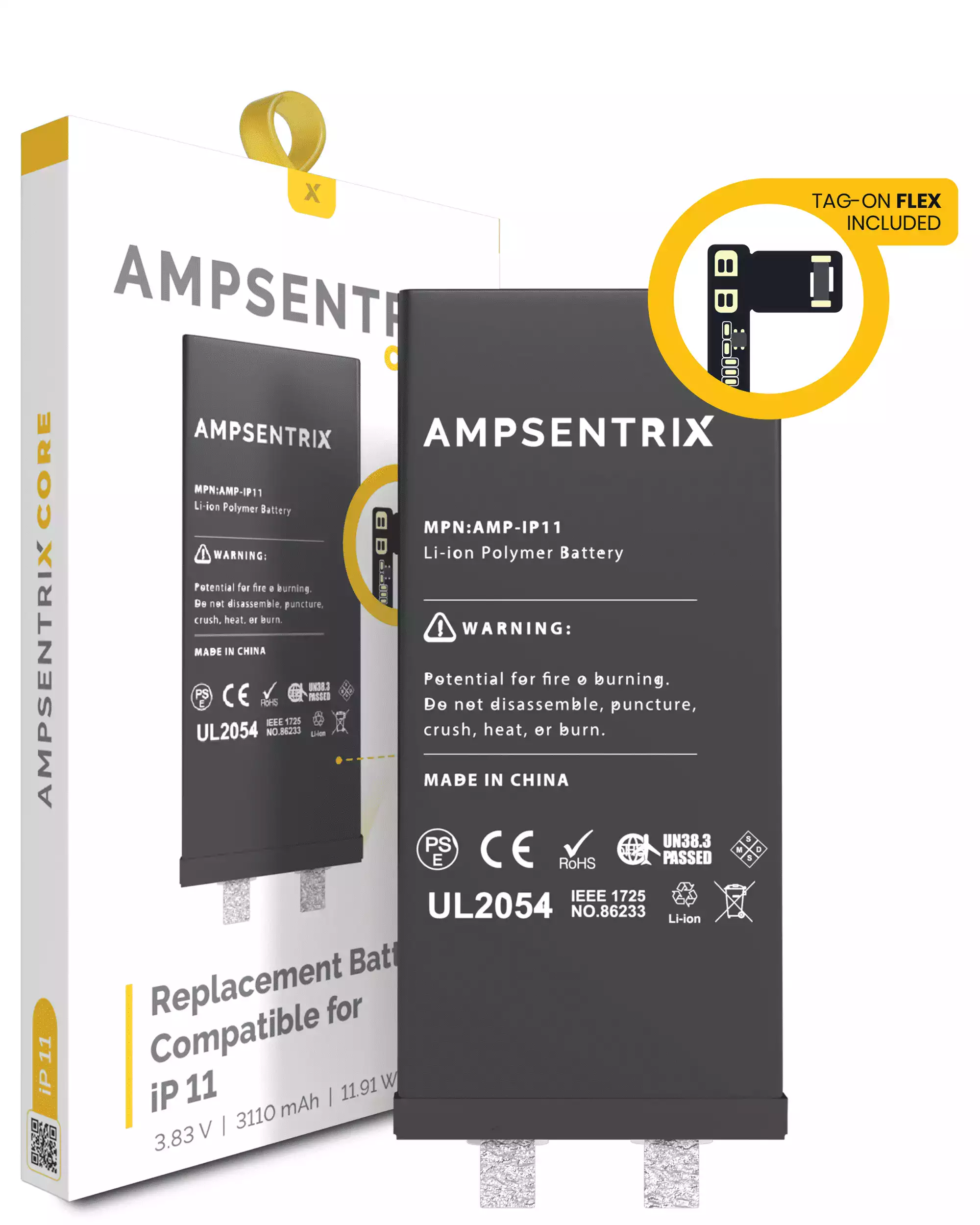 Replacement Battery Core with Universal Tag-On Flex For iPhone 11 (Spot Welding Required) (AmpSentrix Core)