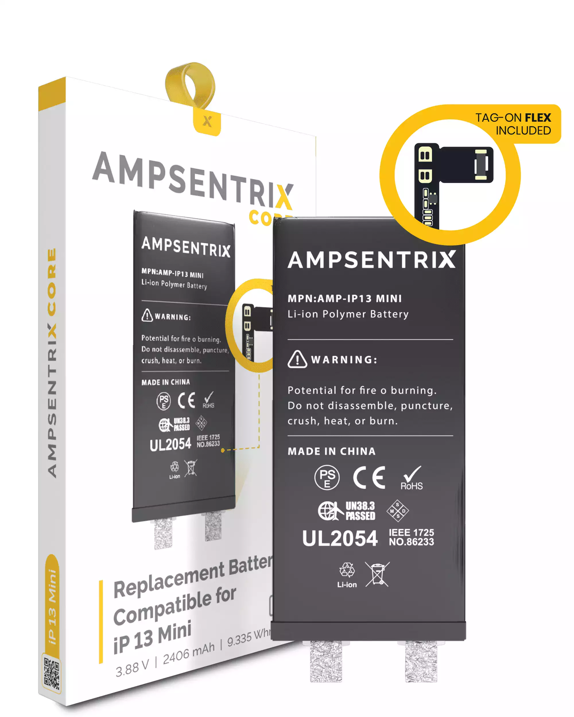 Replacement Battery Core with Universal Tag-On Flex For iPhone 13 Mini (Spot Welding Required) (AmpSentrix Core)