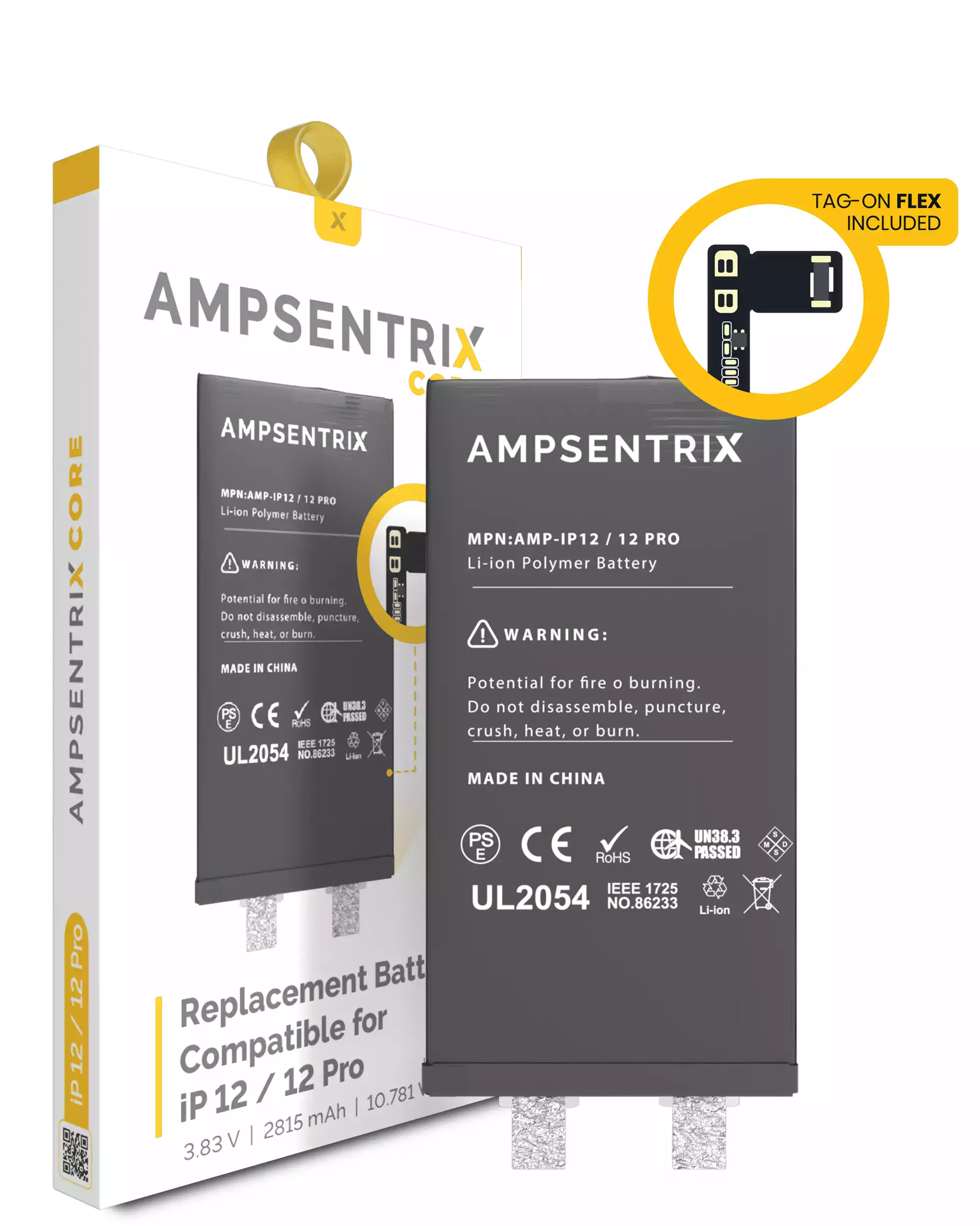 Replacement Battery Core with Universal Tag-On Flex For iPhone 12 / 12 Pro (Spot Welding Required) (AmpSentrix Core)