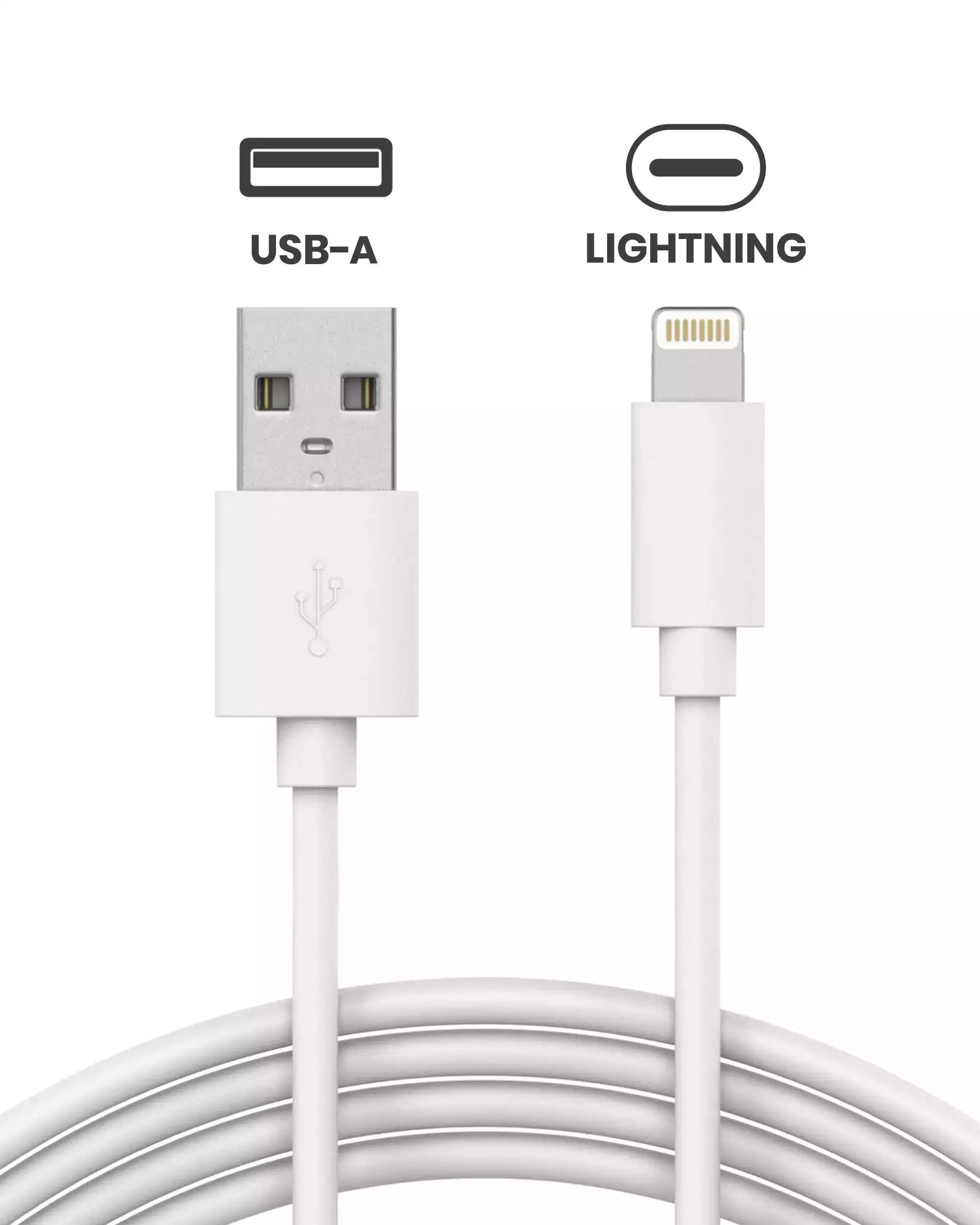 USB-A to Lightning Cable For iPhone / iPad (1 m / 3 ft) (OEM Pull Grade: New) (50 Pack)